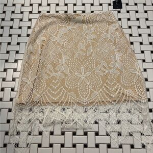 AKIRA Tan and White Lace Pencil Skirt